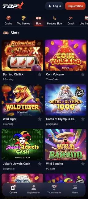 TopX — sección de slots con Gates of Olympus 1000 y Wild Tiger